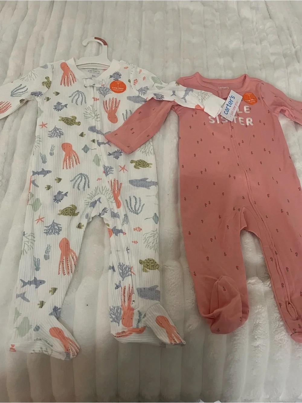 Carter's Coral Pink 'Little Sister' Footed One-Piece & Ocean Print Sleepsuit
